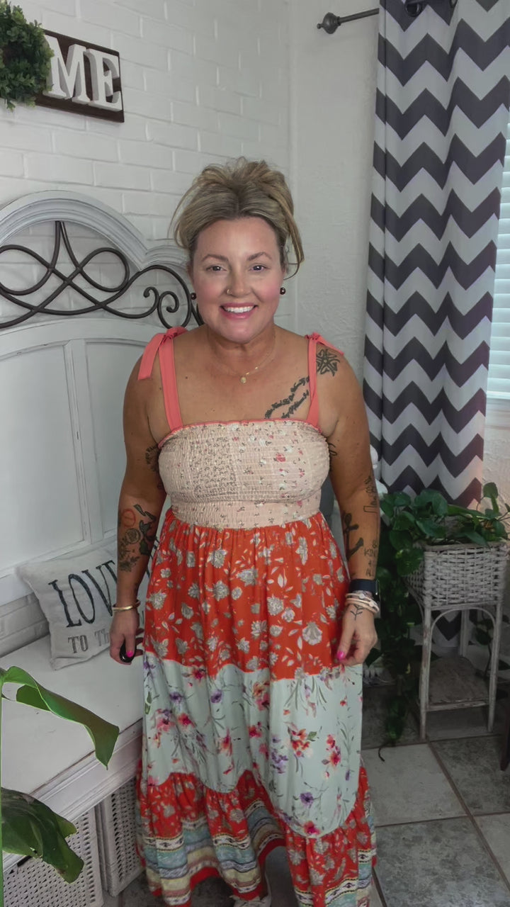 Vacay Vibes Taupe Floral Smocked Tube Top Tiered Maxi Dress