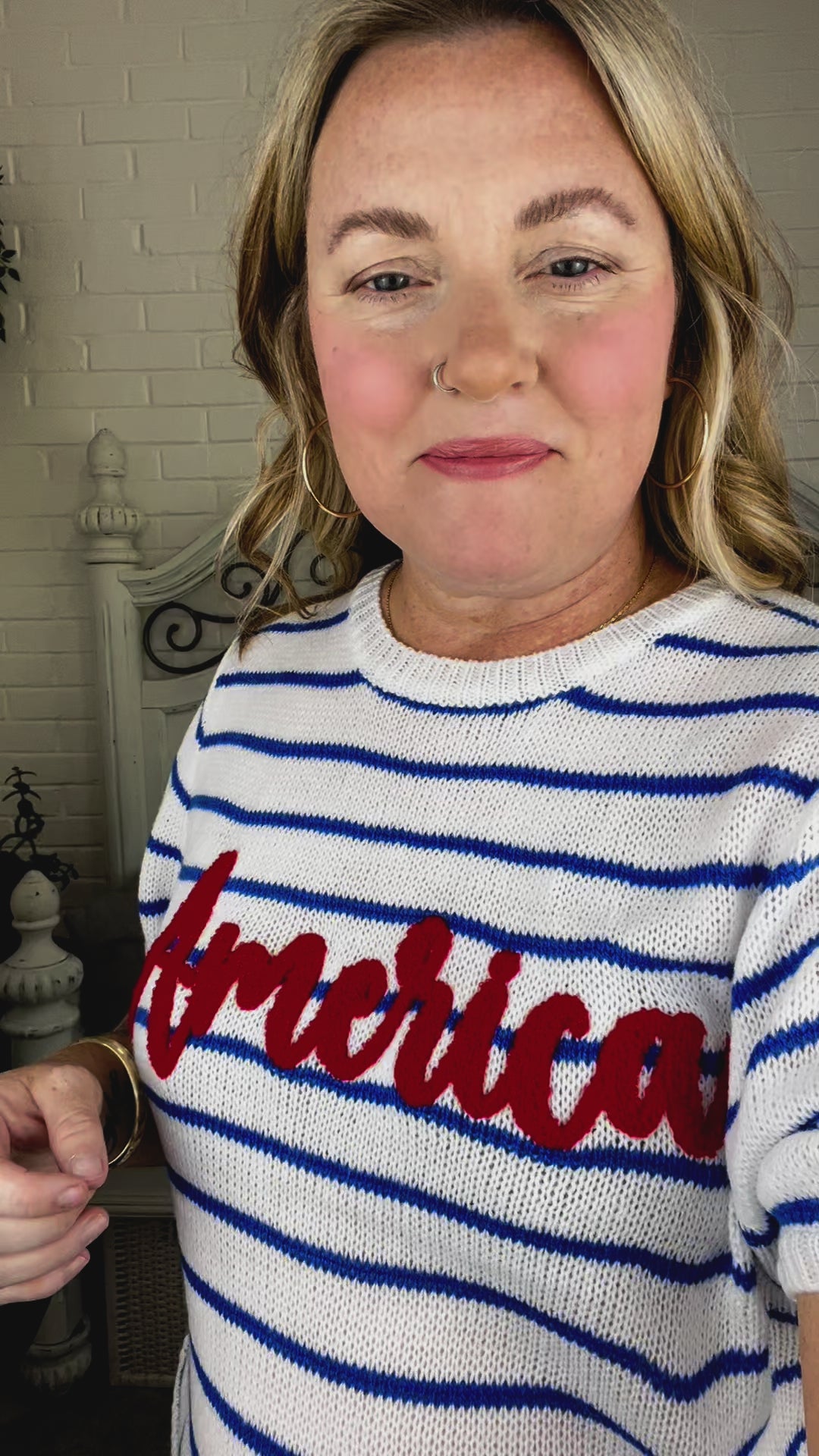 America Proud Blue Striped Embroidered Puff Sleeve Top