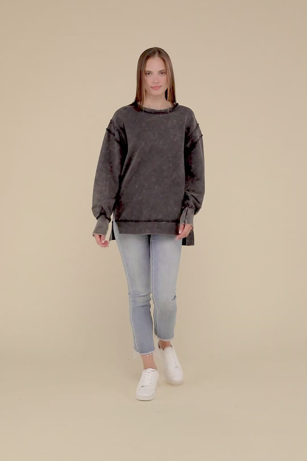 Zenana Acid Wash French Terry Exposed-Seam Sweatshirt