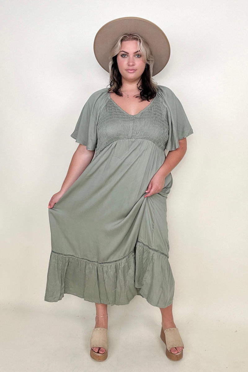 Heyson Smocked Bust Butterfly Sleeve Midi Dress with Pockets-Midi Dresses-Kiwidrop-Green Tea-S-[option4]-[option5]-[option6]-[option7]-[option8]-Shop-Boutique-Clothing-for-Women-Online