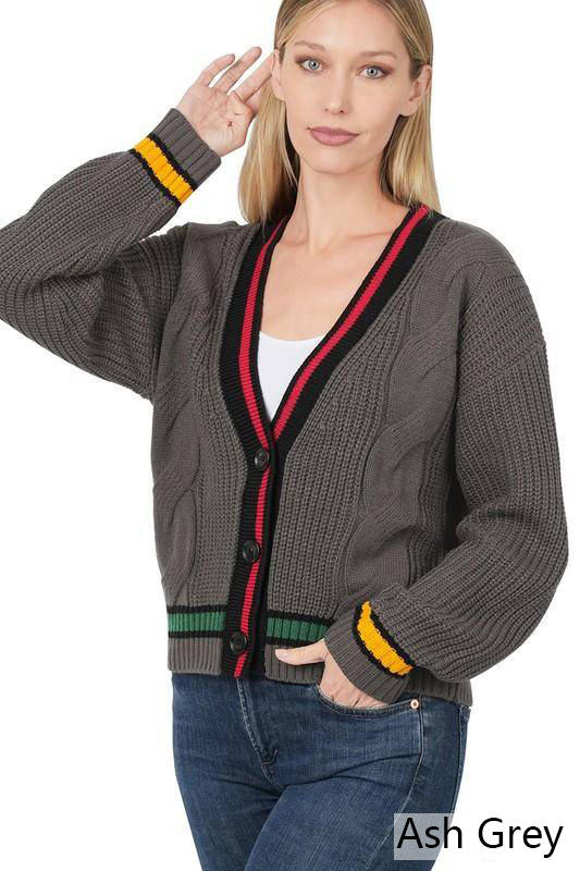 Zenana Contrast Trim Cable Knit Cardigan-Cardigans-Kiwidrop-[option4]-[option5]-[option6]-[option7]-[option8]-Shop-Boutique-Clothing-for-Women-Online
