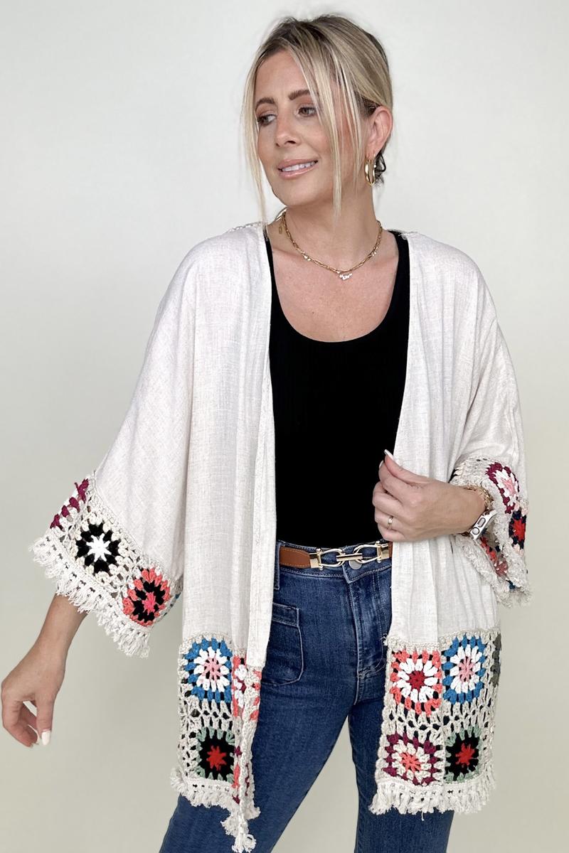 Umgee Linen Blend Patch Crochet Kimono-Kimonos-The Bee Chic Boutique-Oatmeal-S-[option4]-[option5]-[option6]-[option7]-[option8]-Shop-Boutique-Clothing-for-Women-Online
