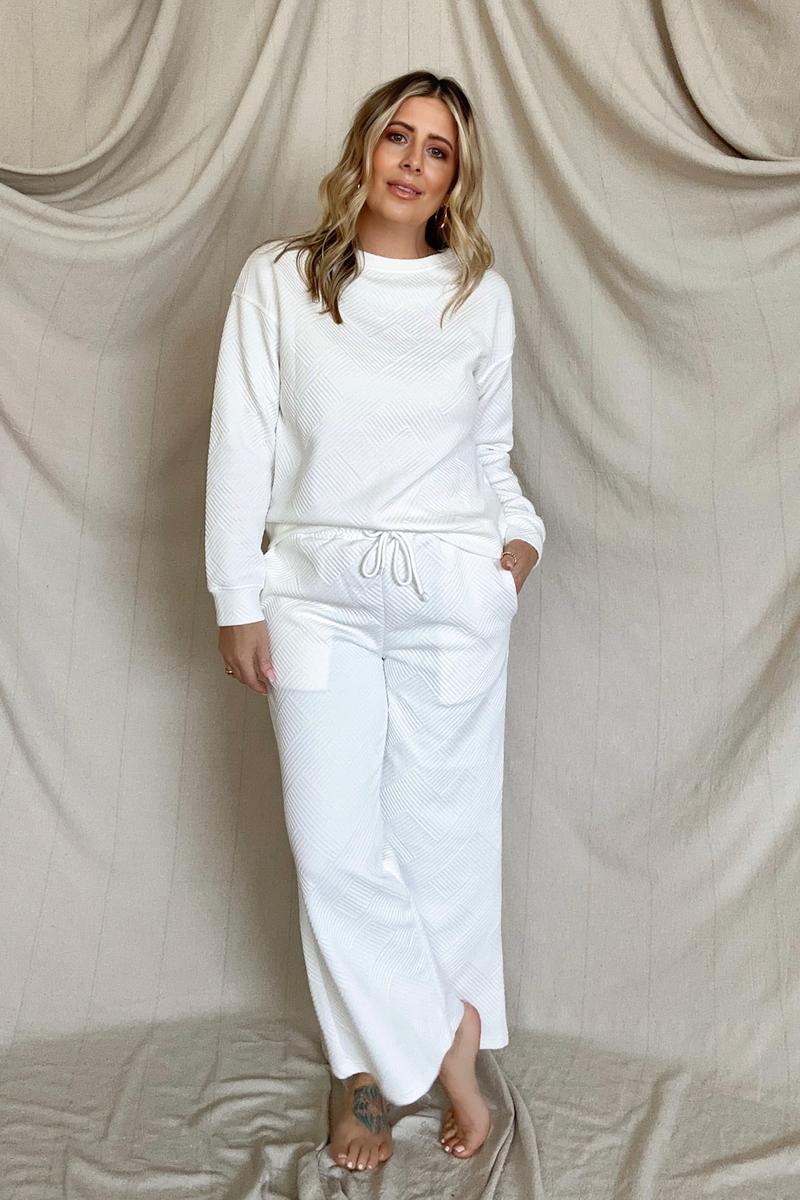 Relaxed Fit Embossed Print Knit Set-Pants Sets-Kiwidrop-White-S-[option4]-[option5]-[option6]-[option7]-[option8]-Shop-Boutique-Clothing-for-Women-Online