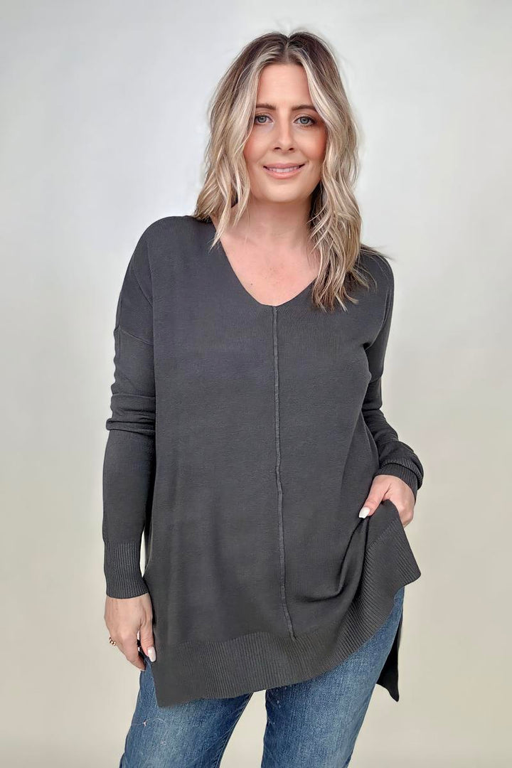 Zenana Hi-Low Hem V Neck Knit Top-Sweaters-Kiwidrop-Ash Grey-XS-[option4]-[option5]-[option6]-[option7]-[option8]-Shop-Boutique-Clothing-for-Women-Online
