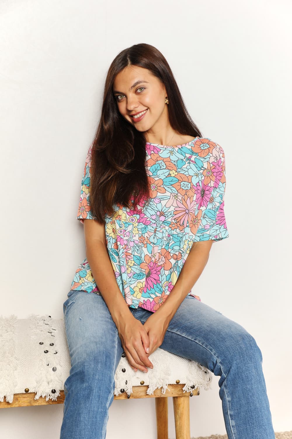 Double Take Floral Round Neck Babydoll Top-Trendsi-[option4]-[option5]-[option6]-[option7]-[option8]-Shop-Boutique-Clothing-for-Women-Online