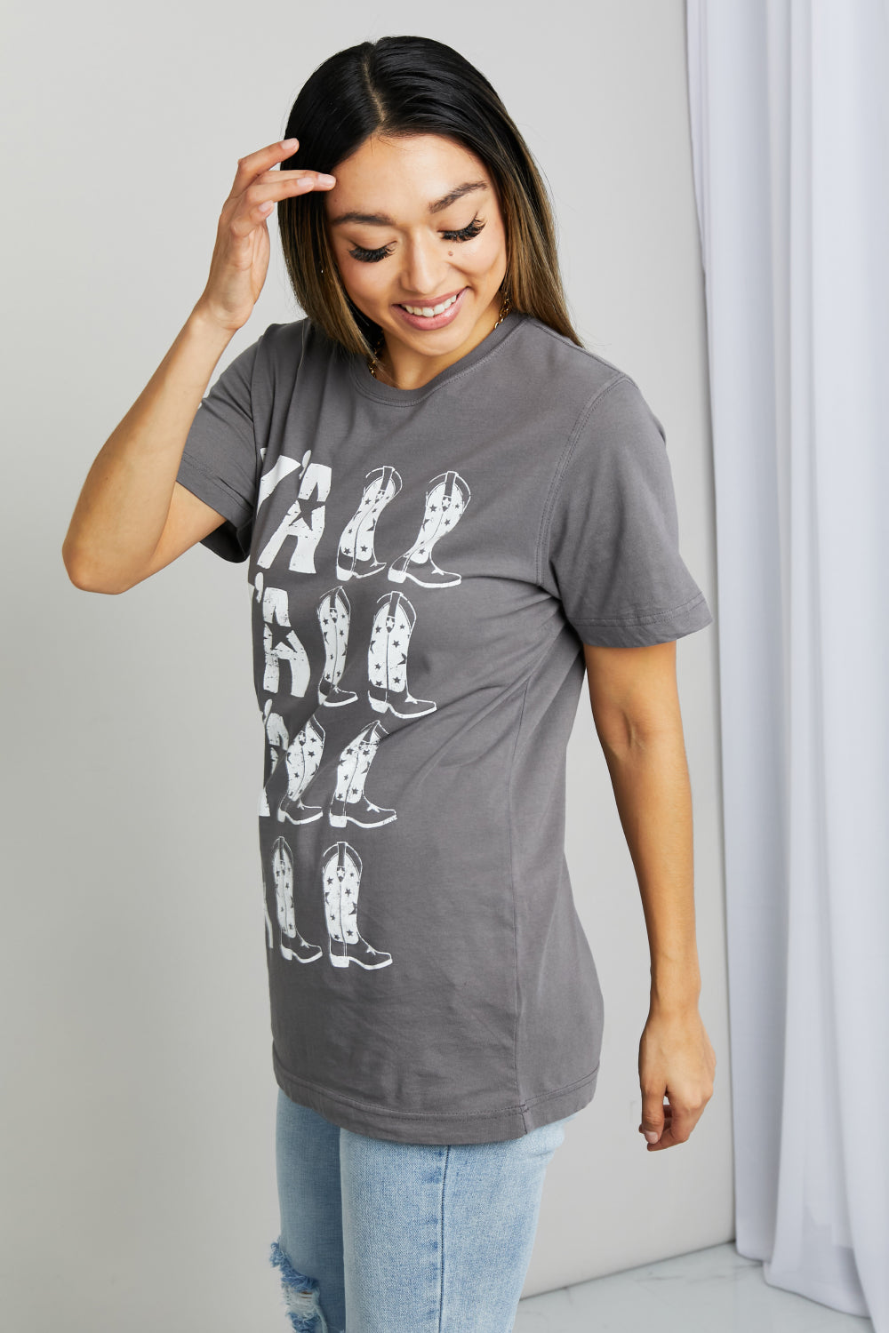 Y'ALL Cowboy Boots Graphic Tee-Trendsi-Charcoal-S-[option4]-[option5]-[option6]-[option7]-[option8]-Shop-Boutique-Clothing-for-Women-Online
