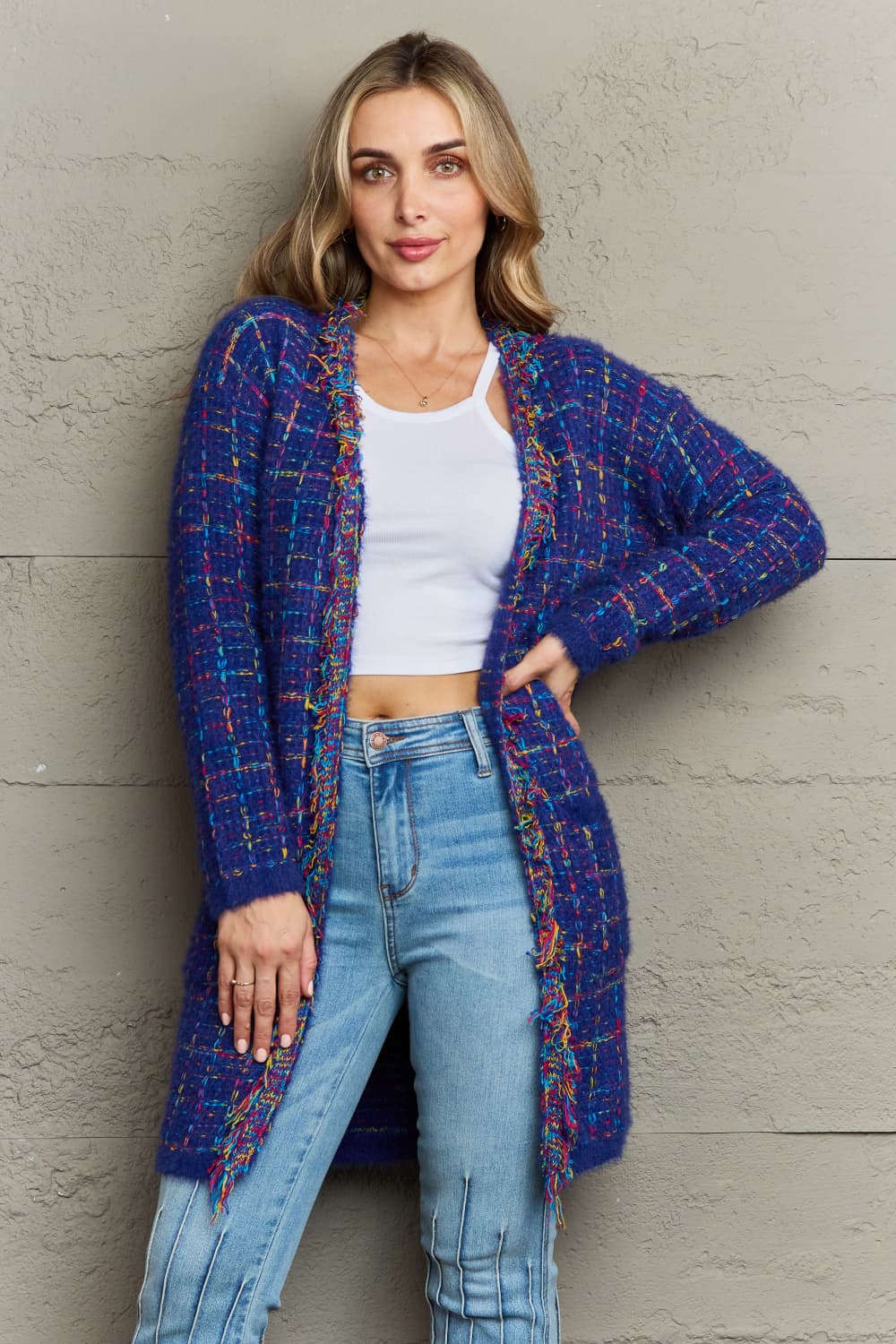 Plaid Fringe Trim Open Front Longline Cardigan-Trendsi-[option4]-[option5]-[option6]-[option7]-[option8]-Shop-Boutique-Clothing-for-Women-Online