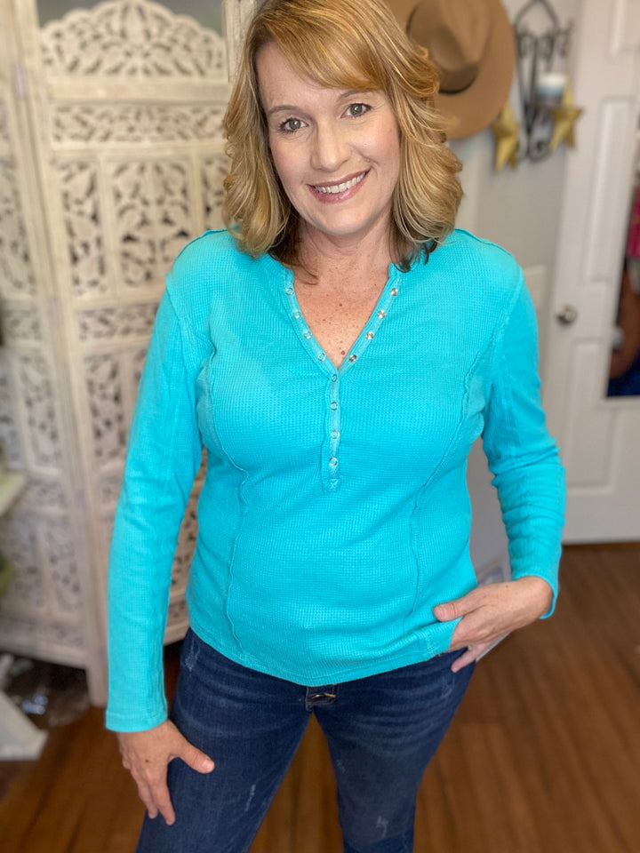 Snap Henley Long Sleeve Top-Blouses-The Bee Chic Boutique-[option4]-[option5]-[option6]-[option7]-[option8]-Shop-Boutique-Clothing-for-Women-Online
