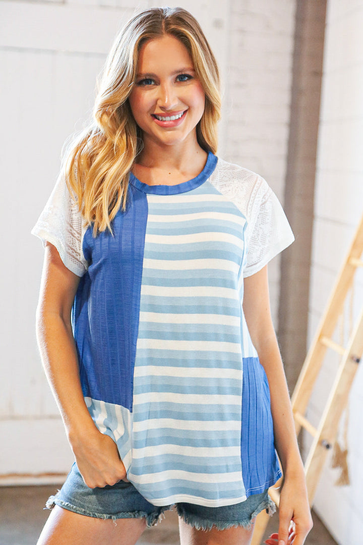 Blue Rib Terry Lace & Stripe Color Block Top-Sugarfox-[option4]-[option5]-[option6]-[option7]-[option8]-Shop-Boutique-Clothing-for-Women-Online