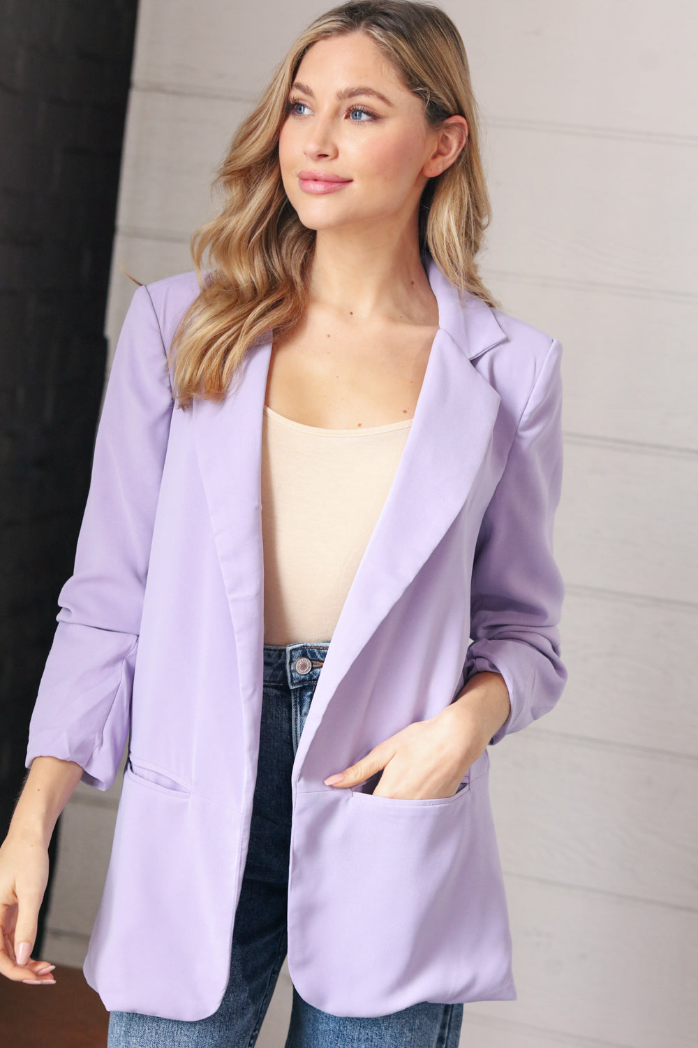 Lavender Notched Lapel Ruched Sleeve Blazer-Sugarfox-Small-[option4]-[option5]-[option6]-[option7]-[option8]-Shop-Boutique-Clothing-for-Women-Online