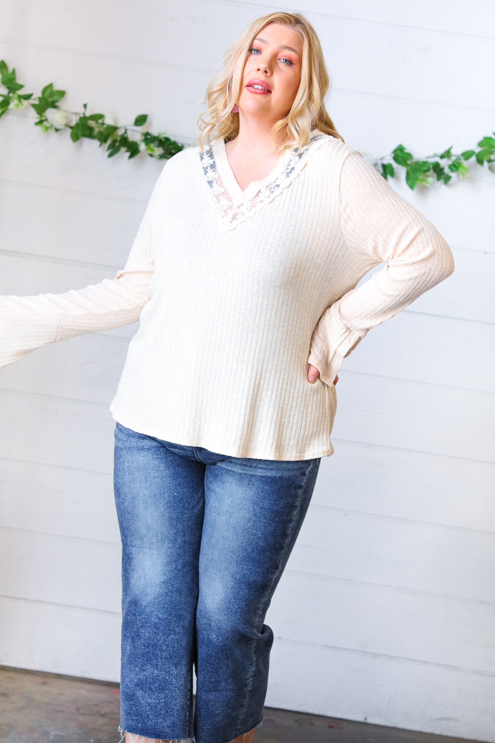 Cream Rib Lace V Neck Button Detail Top-Sugarfox-[option4]-[option5]-[option6]-[option7]-[option8]-Shop-Boutique-Clothing-for-Women-Online