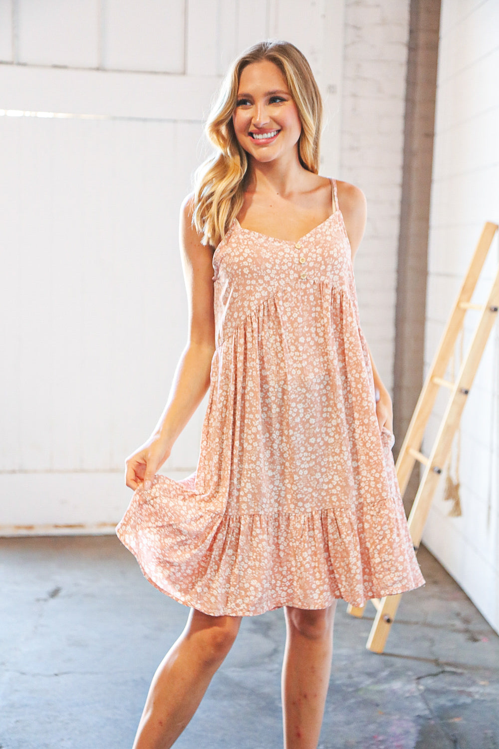 Ditzy Floral Babydoll Button Pocketed Sleeveless Dress-Sugarfox-[option4]-[option5]-[option6]-[option7]-[option8]-Shop-Boutique-Clothing-for-Women-Online