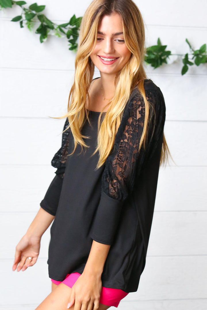 Black Lace Three Quarter Bubble Sleeve Top-Haptics-[option4]-[option5]-[option6]-[option7]-[option8]-Shop-Boutique-Clothing-for-Women-Online
