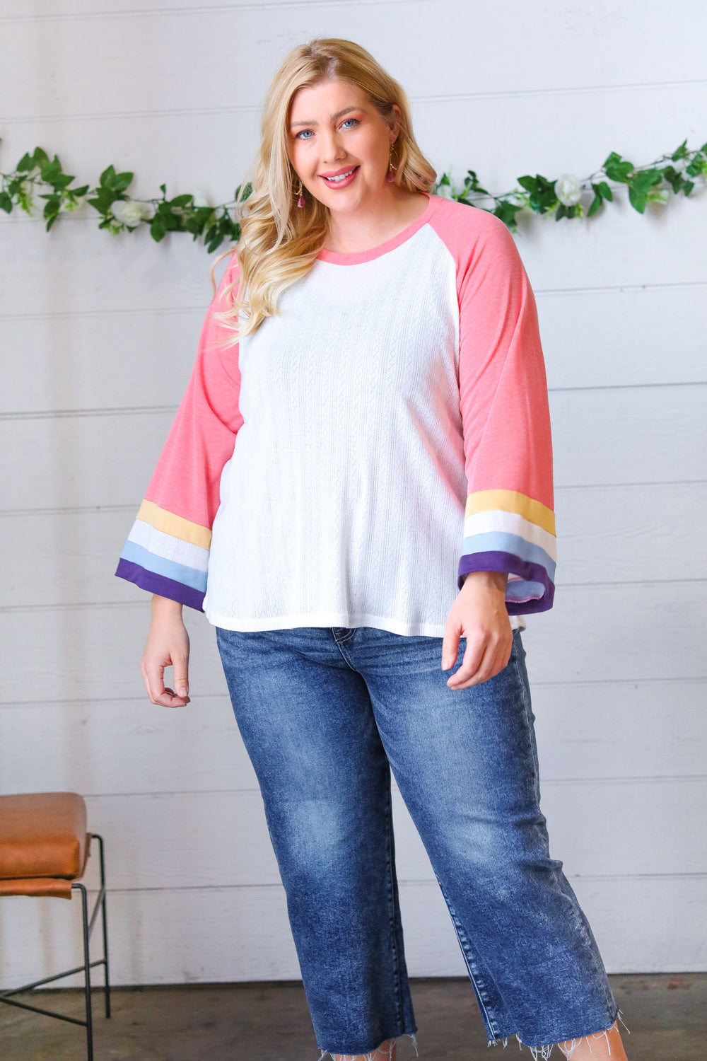 Pink Pointelle Color Block Wide Sleeve Pullover-Sugarfox-[option4]-[option5]-[option6]-[option7]-[option8]-Shop-Boutique-Clothing-for-Women-Online