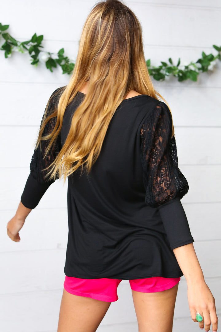 Black Lace Three Quarter Bubble Sleeve Top-Haptics-[option4]-[option5]-[option6]-[option7]-[option8]-Shop-Boutique-Clothing-for-Women-Online