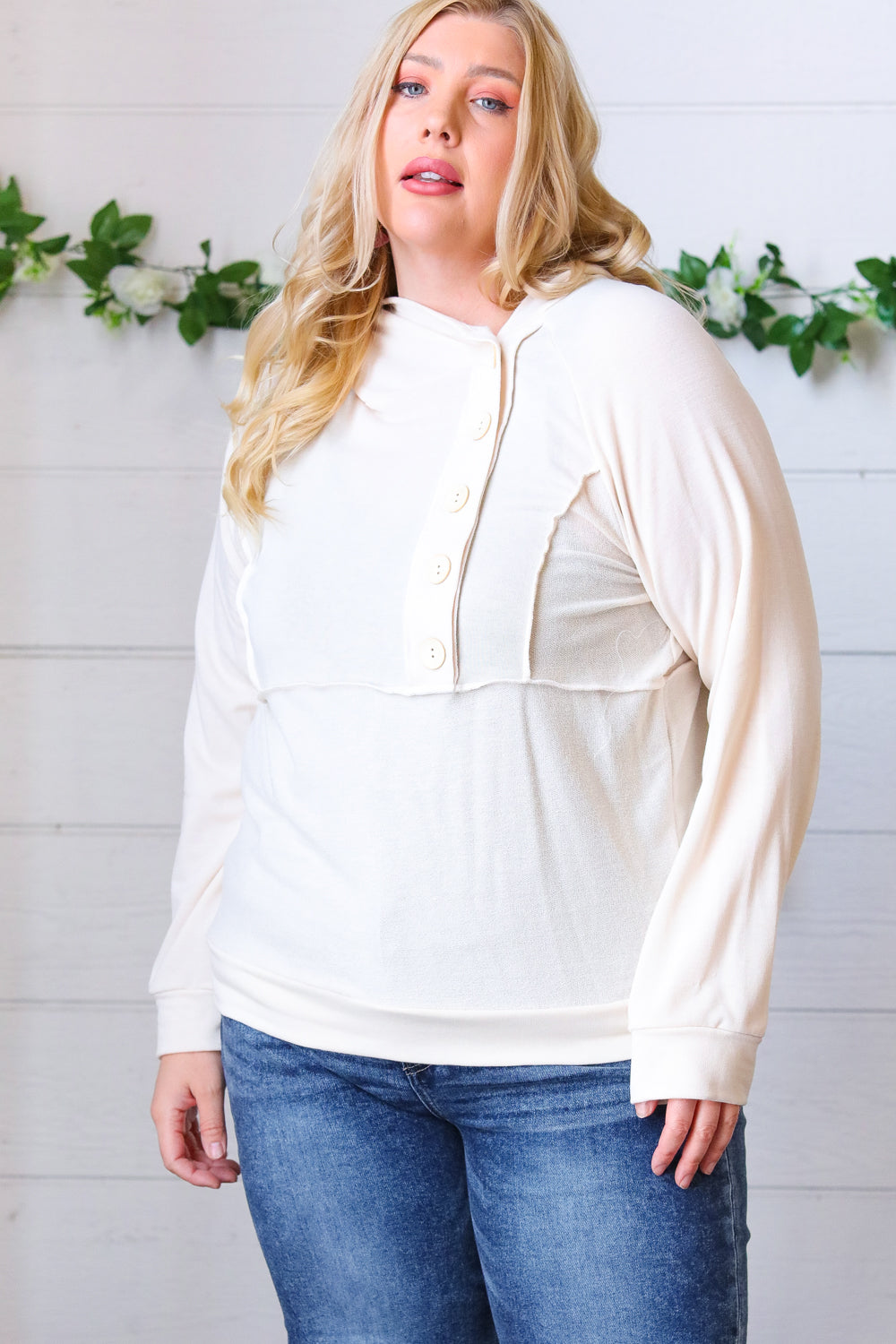 Cream French Terry Button Down Outseam Hoodie-Sugarfox-[option4]-[option5]-[option6]-[option7]-[option8]-Shop-Boutique-Clothing-for-Women-Online