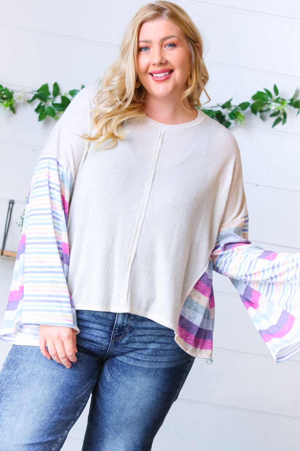 Ivory Slub Rib Thermal Multicolor Stripe Bell Sleeve Top-Sugarfox-[option4]-[option5]-[option6]-[option7]-[option8]-Shop-Boutique-Clothing-for-Women-Online