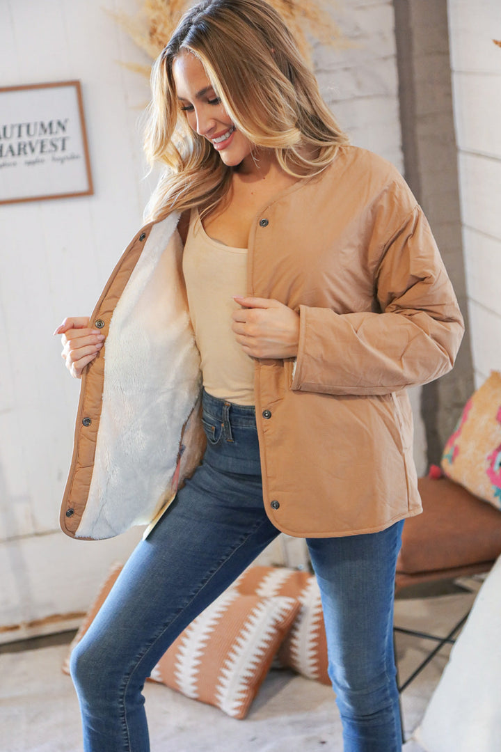 Tan Sherpa Snap Closure Fur/Reversible Lined Jacket-Entro-Small-[option4]-[option5]-[option6]-[option7]-[option8]-Shop-Boutique-Clothing-for-Women-Online