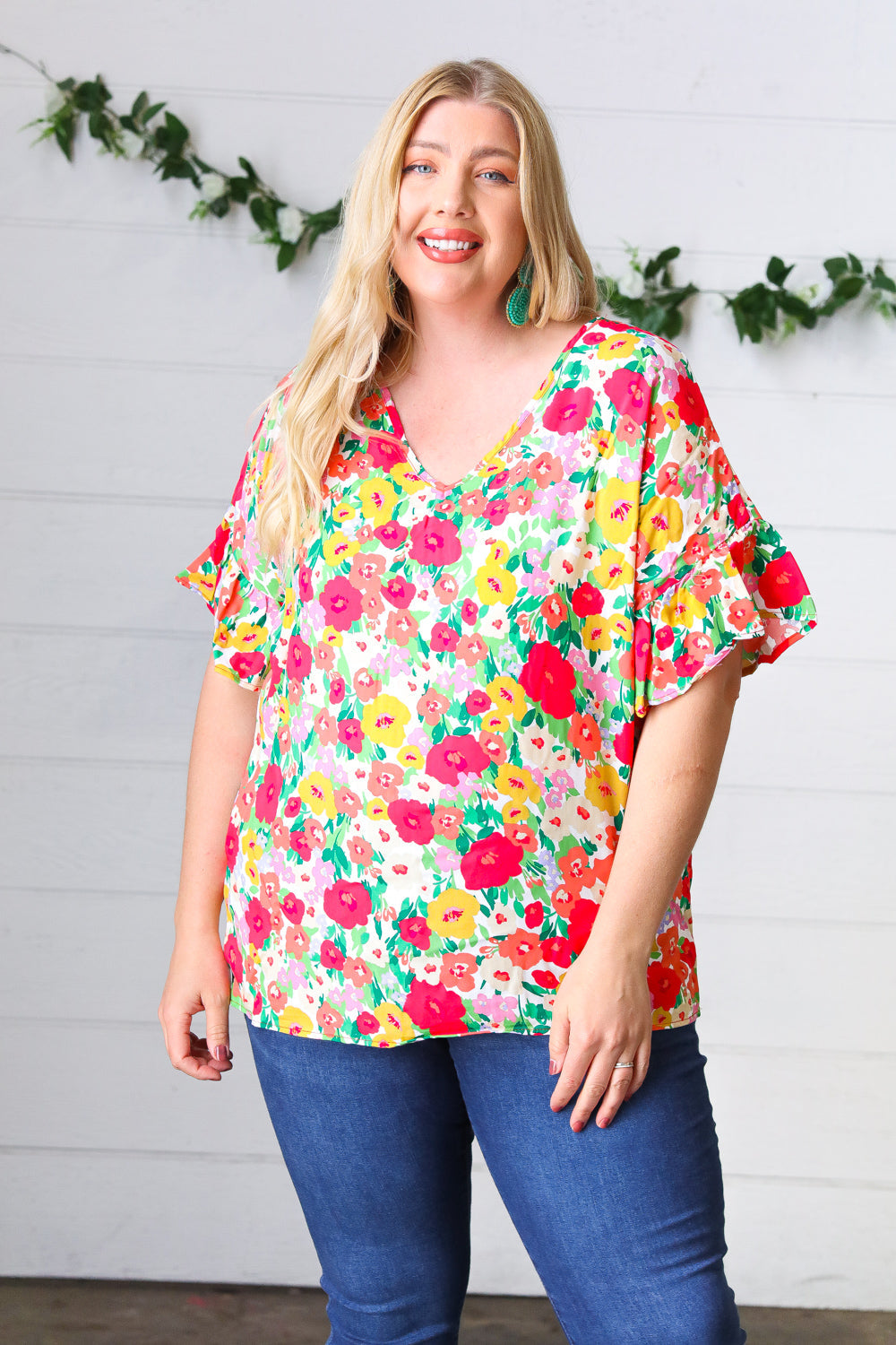 Red Flat Floral Pring Dolman Ruffle Frill Sleeve Blouse-Haptics-[option4]-[option5]-[option6]-[option7]-[option8]-Shop-Boutique-Clothing-for-Women-Online