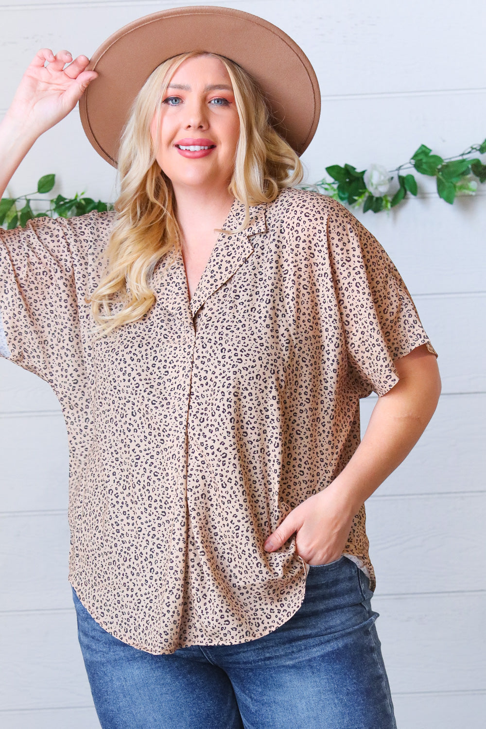 Cheetah Animal Print Collared V Neck Woven Dolman Top-The Bee Chic Boutique-[option4]-[option5]-[option6]-[option7]-[option8]-Shop-Boutique-Clothing-for-Women-Online