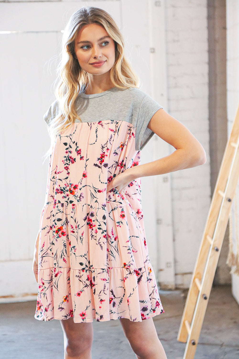 Blush Floral Crinkle Rayon & Terry Babydoll Tiered Dress-Sugarfox-[option4]-[option5]-[option6]-[option7]-[option8]-Shop-Boutique-Clothing-for-Women-Online