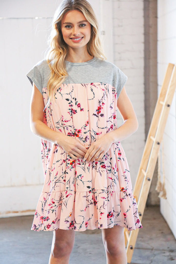 Blush Floral Crinkle Rayon & Terry Babydoll Tiered Dress-Sugarfox-[option4]-[option5]-[option6]-[option7]-[option8]-Shop-Boutique-Clothing-for-Women-Online