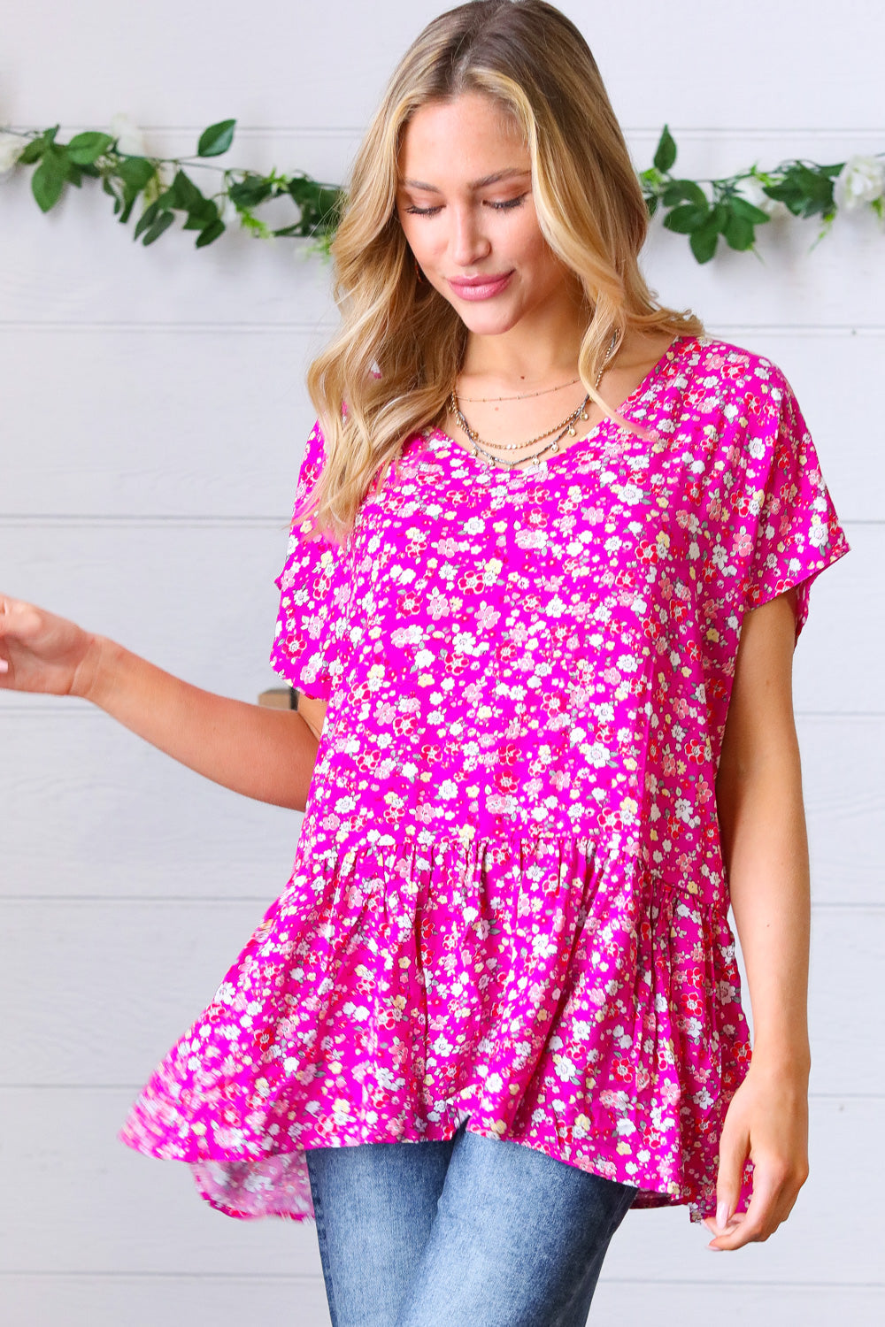 Fuchsia Floral Babydoll Woven Challis Top-Haptics-Small-[option4]-[option5]-[option6]-[option7]-[option8]-Shop-Boutique-Clothing-for-Women-Online