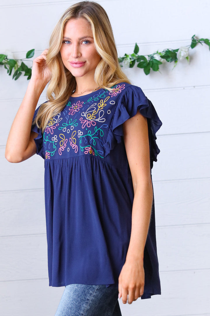 Navy Floral Embroidered Flutter Sleeve Top-Haptics-[option4]-[option5]-[option6]-[option7]-[option8]-Shop-Boutique-Clothing-for-Women-Online