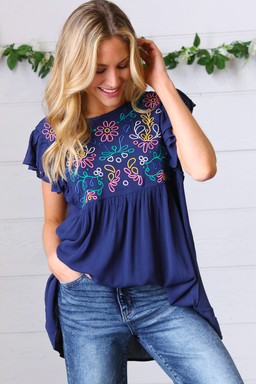 Navy Floral Embroidered Flutter Sleeve Top-Haptics-[option4]-[option5]-[option6]-[option7]-[option8]-Shop-Boutique-Clothing-for-Women-Online