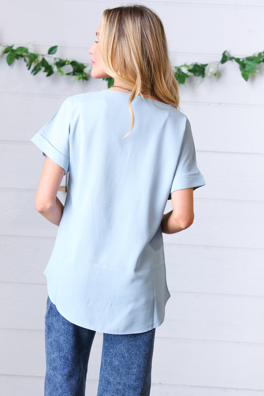 Zenana Ash Blue Wool Dobby Rolled Sleeve V Neck Top-Zenana-[option4]-[option5]-[option6]-[option7]-[option8]-Shop-Boutique-Clothing-for-Women-Online