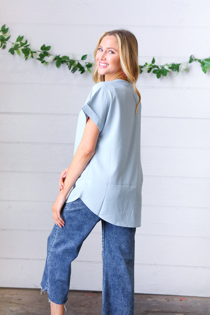 Zenana Ash Blue Wool Dobby Rolled Sleeve V Neck Top-Zenana-[option4]-[option5]-[option6]-[option7]-[option8]-Shop-Boutique-Clothing-for-Women-Online