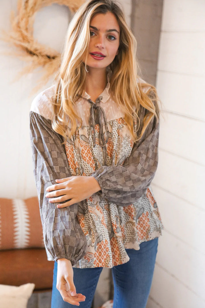 Taupe Paisley Print Houndstooth Mock Neck Top-Sugarfox-[option4]-[option5]-[option6]-[option7]-[option8]-Shop-Boutique-Clothing-for-Women-Online