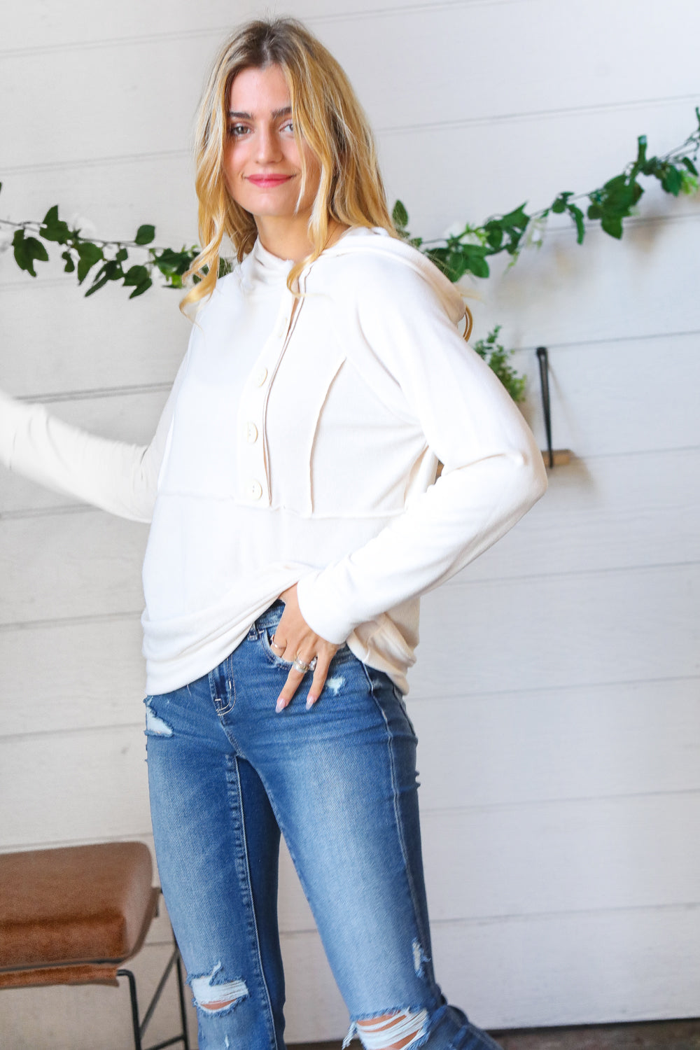 Cream French Terry Button Down Outseam Hoodie-Sugarfox-[option4]-[option5]-[option6]-[option7]-[option8]-Shop-Boutique-Clothing-for-Women-Online