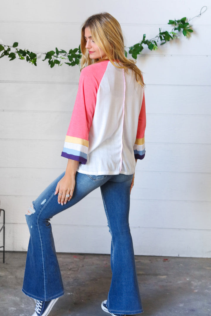 Pink Pointelle Color Block Wide Sleeve Pullover-Sugarfox-[option4]-[option5]-[option6]-[option7]-[option8]-Shop-Boutique-Clothing-for-Women-Online