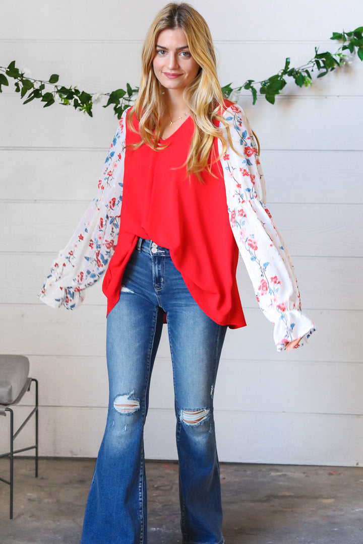 Red Chiffon Foiled Floral Thread Ruffle Sleeve Blouse-Sugarfox-[option4]-[option5]-[option6]-[option7]-[option8]-Shop-Boutique-Clothing-for-Women-Online