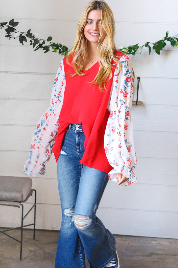 Red Chiffon Foiled Floral Thread Ruffle Sleeve Blouse-Sugarfox-[option4]-[option5]-[option6]-[option7]-[option8]-Shop-Boutique-Clothing-for-Women-Online