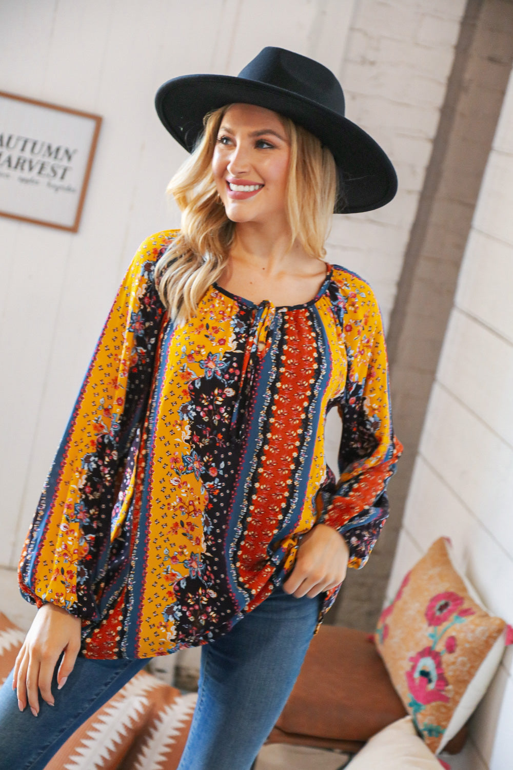 Boho Vertical Floral Front Tie Peasant Woven Blouse-Haptics-[option4]-[option5]-[option6]-[option7]-[option8]-Shop-Boutique-Clothing-for-Women-Online