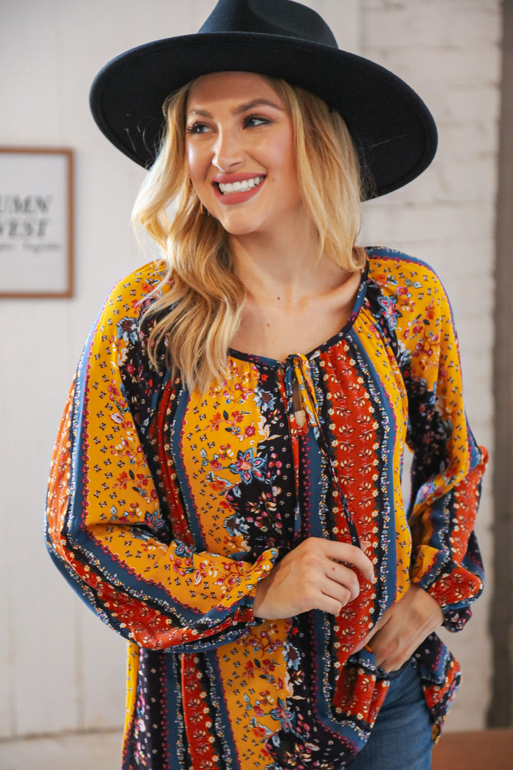 Boho Vertical Floral Front Tie Peasant Woven Blouse-Haptics-[option4]-[option5]-[option6]-[option7]-[option8]-Shop-Boutique-Clothing-for-Women-Online