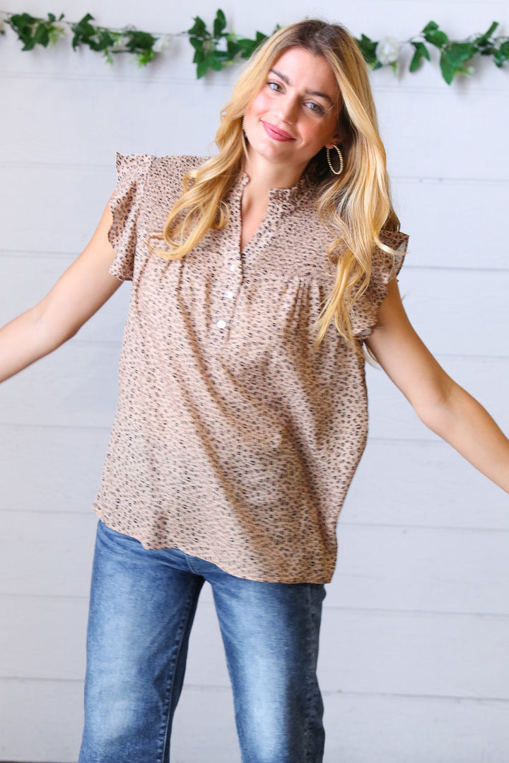 Taupe Animal Print Smocked Button Down Top-Haptics-[option4]-[option5]-[option6]-[option7]-[option8]-Shop-Boutique-Clothing-for-Women-Online