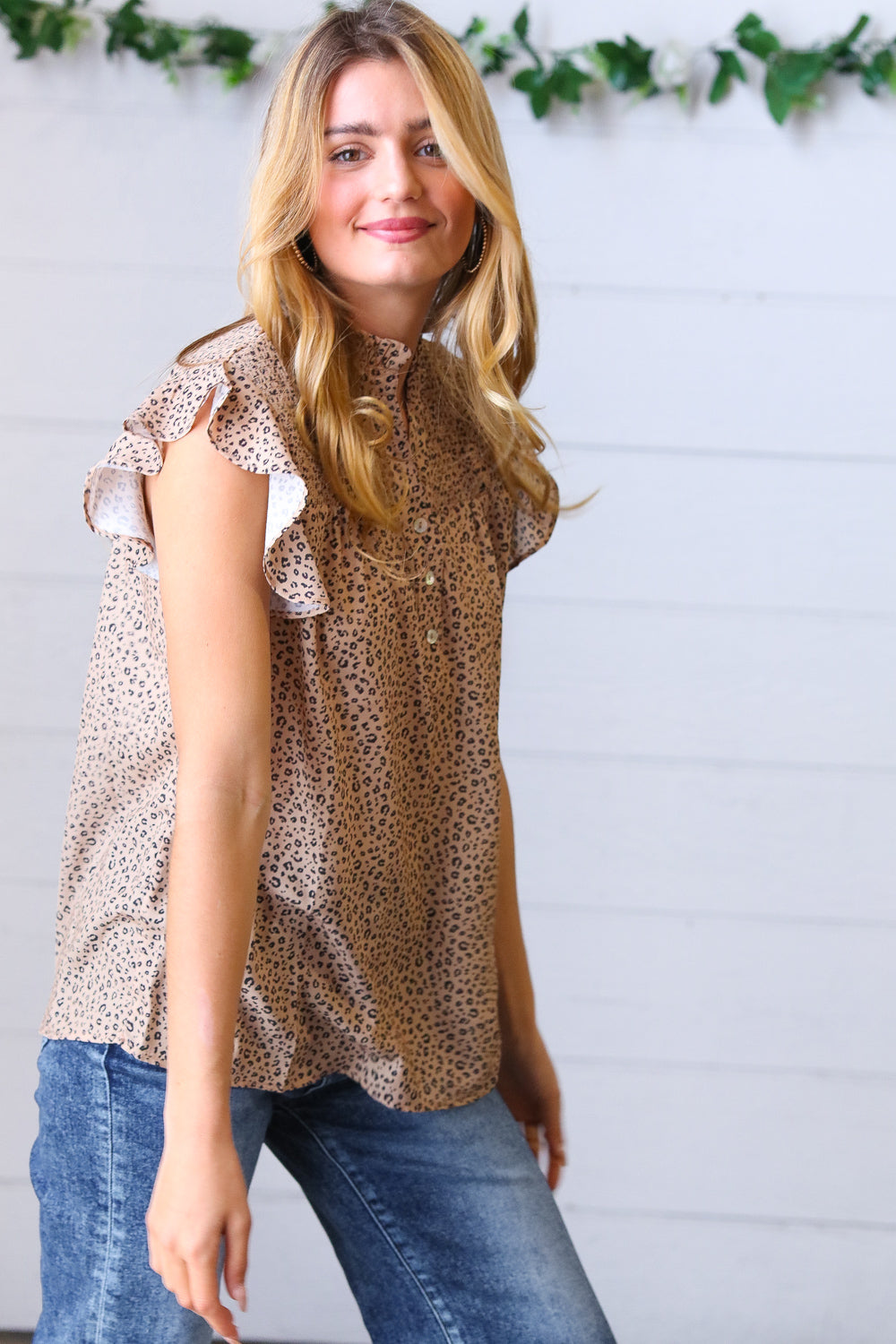 Taupe Animal Print Smocked Button Down Top-Haptics-[option4]-[option5]-[option6]-[option7]-[option8]-Shop-Boutique-Clothing-for-Women-Online