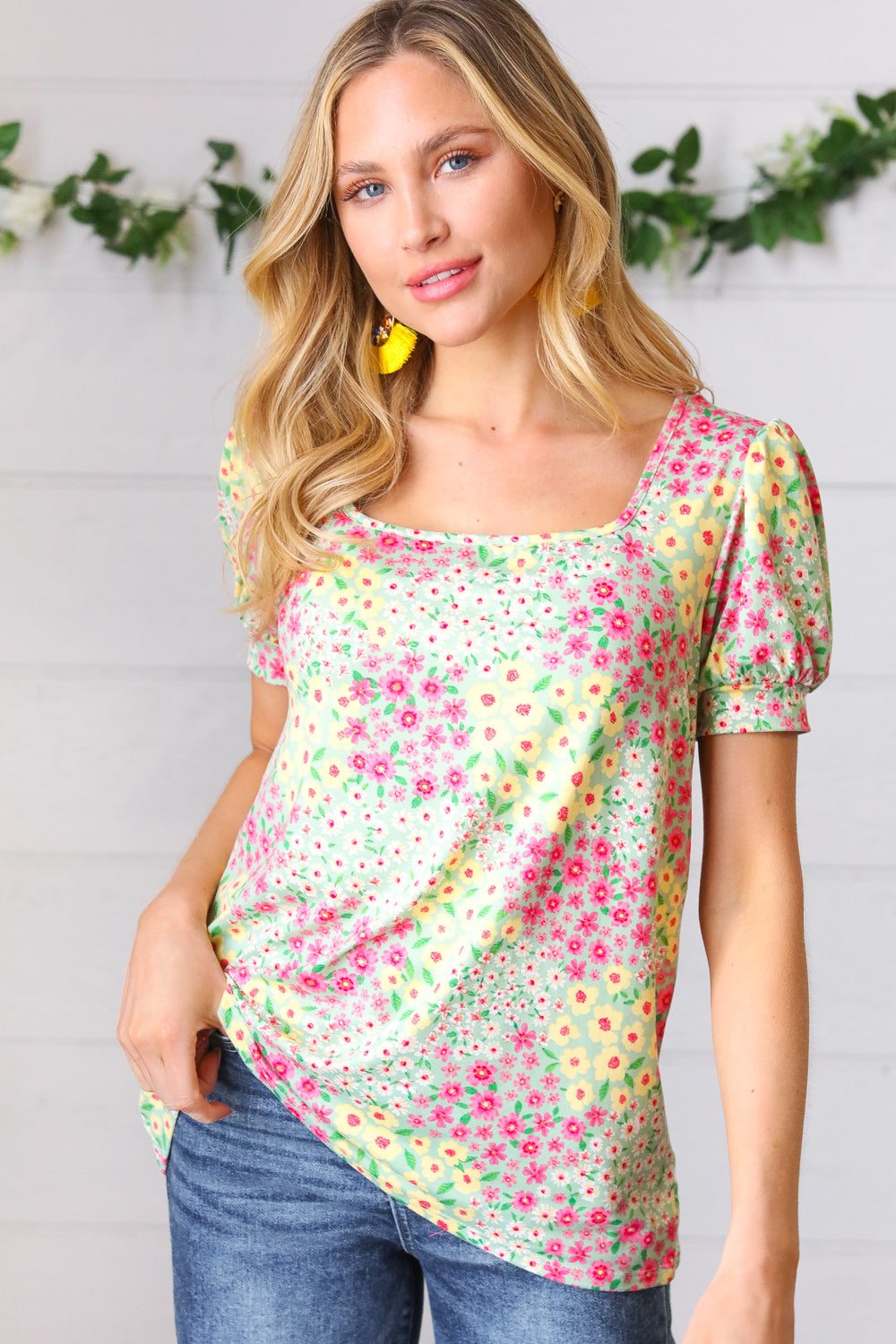Canary/Mint Floral Square Neck Bubble Sleeve Top-Haptics-[option4]-[option5]-[option6]-[option7]-[option8]-Shop-Boutique-Clothing-for-Women-Online