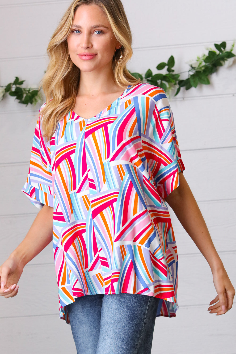 Blue & Fuchsia Geometric Print Woven Top-Haptics-[option4]-[option5]-[option6]-[option7]-[option8]-Shop-Boutique-Clothing-for-Women-Online