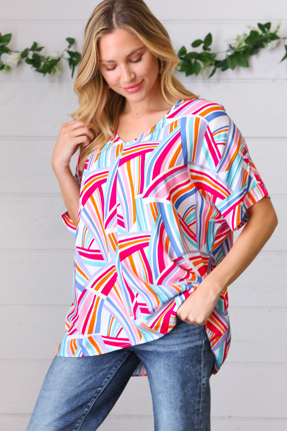 Blue & Fuchsia Geometric Print Woven Top-Haptics-[option4]-[option5]-[option6]-[option7]-[option8]-Shop-Boutique-Clothing-for-Women-Online