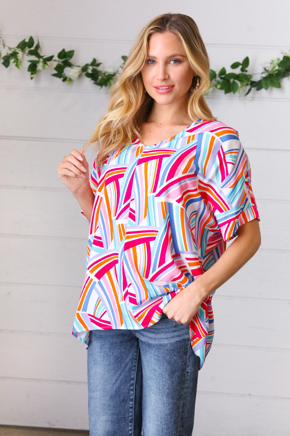 Blue & Fuchsia Geometric Print Woven Top-Haptics-[option4]-[option5]-[option6]-[option7]-[option8]-Shop-Boutique-Clothing-for-Women-Online