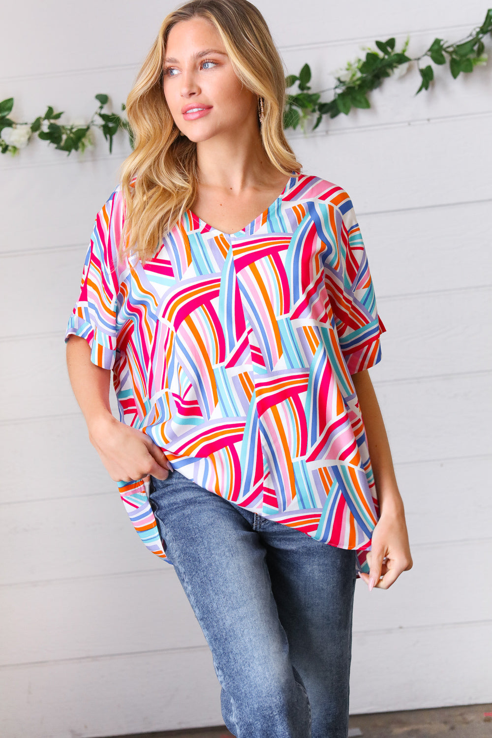 Blue & Fuchsia Geometric Print Woven Top-Haptics-[option4]-[option5]-[option6]-[option7]-[option8]-Shop-Boutique-Clothing-for-Women-Online