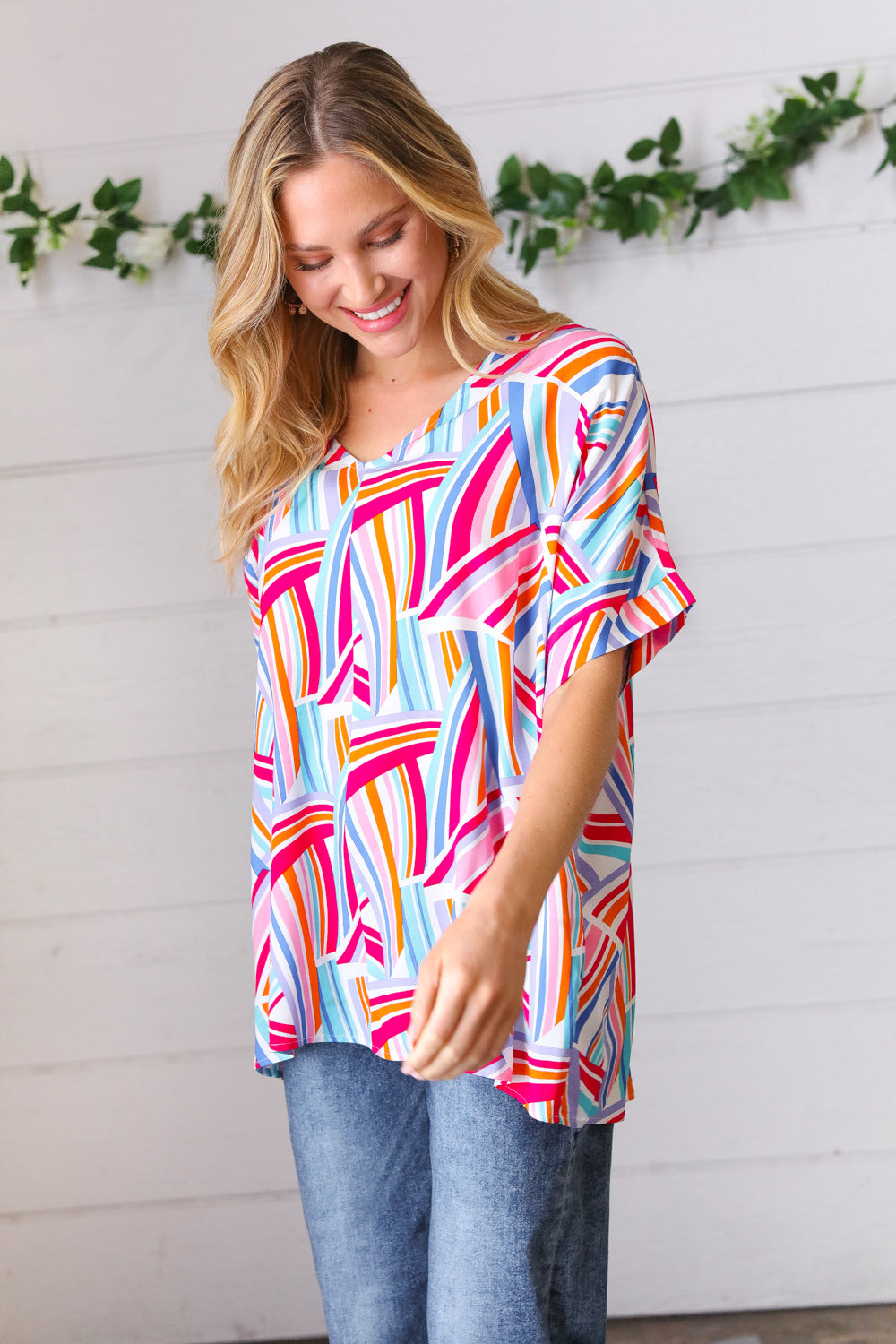 Blue & Fuchsia Geometric Print Woven Top-Haptics-[option4]-[option5]-[option6]-[option7]-[option8]-Shop-Boutique-Clothing-for-Women-Online