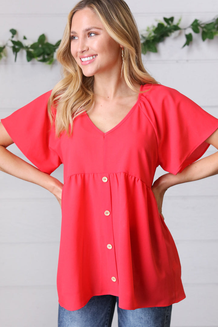 Cherry Red Babydoll Button Down Raglan Woven Top-Haptics-[option4]-[option5]-[option6]-[option7]-[option8]-Shop-Boutique-Clothing-for-Women-Online