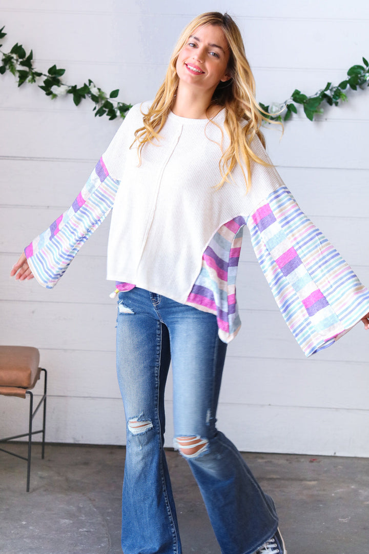 Ivory Slub Rib Thermal Multicolor Stripe Bell Sleeve Top-Sugarfox-[option4]-[option5]-[option6]-[option7]-[option8]-Shop-Boutique-Clothing-for-Women-Online