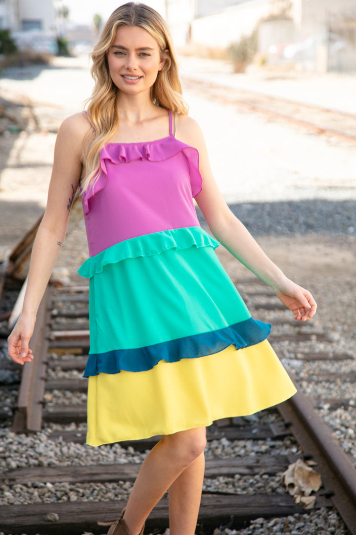 Fuchsia Shoulder Strap Color Block Tiered Ruffle Dress-Haptics-[option4]-[option5]-[option6]-[option7]-[option8]-Shop-Boutique-Clothing-for-Women-Online