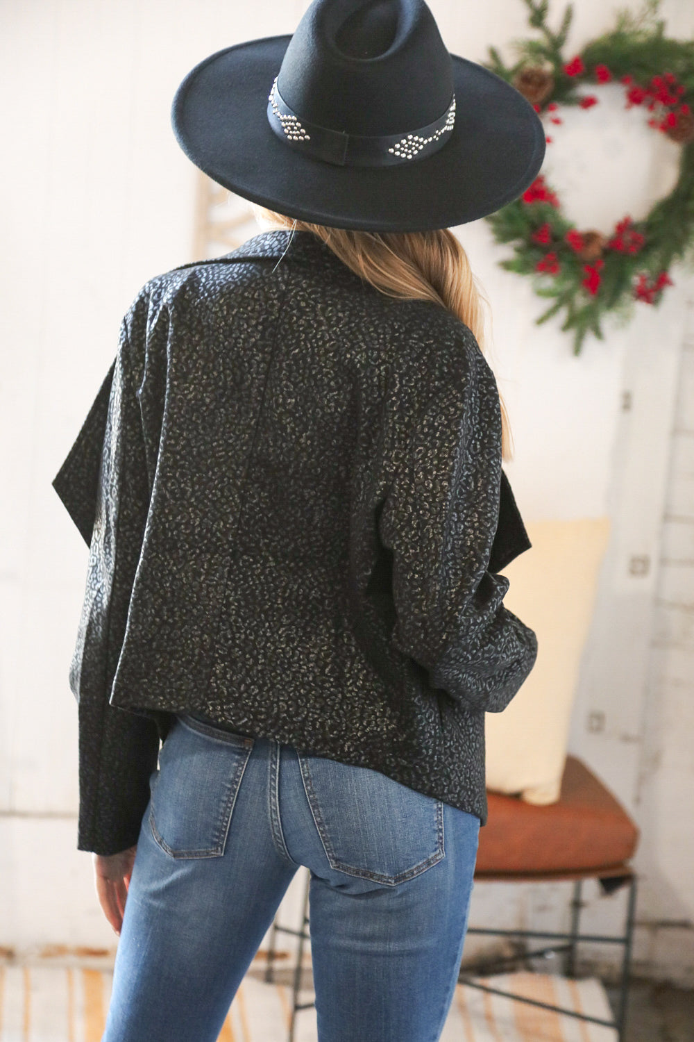 Black Holiday Matte Foiled Cheetah Print Blazer Jacket-Haptics-[option4]-[option5]-[option6]-[option7]-[option8]-Shop-Boutique-Clothing-for-Women-Online